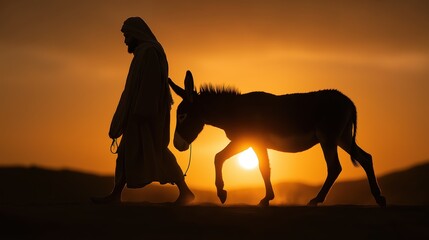The good samaritan carrying the wounded man on a donkey at sunset, symbolizing mercy, kindness, and compassion.