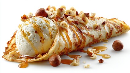 Golden crepe cradling vanilla ice cream, generously drizzled with honey and scattered with roasted hazelnuts