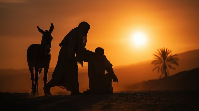 The good samaritan carrying the wounded man on a donkey at sunset, symbolizing mercy, kindness, and compassion.