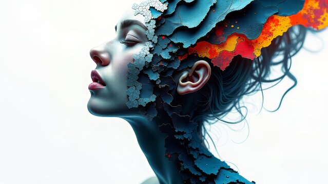 Abstract portrait with fragmented identity and emotional vulnerability