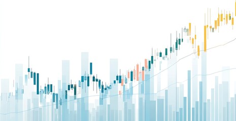 Abstract financial chart showing upward trend with candlestick and bar graph elements in muted blues, oranges, and greens against a white background