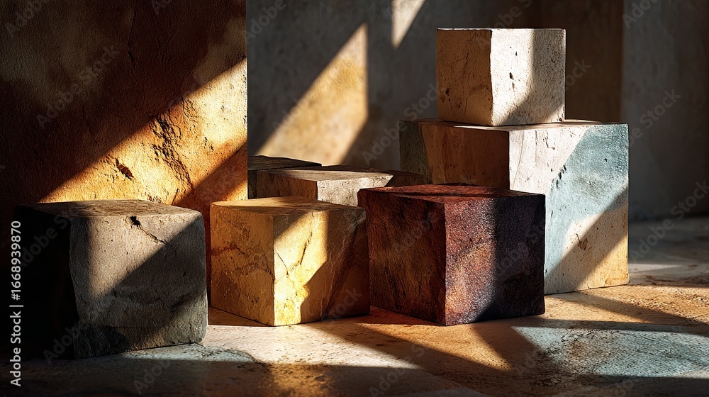 Poster interior setting with concrete cube pedestals displaying varied colors and textures with natural lig