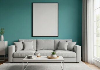 Modern Living Room Interior with Blank Vertical Picture Frame Mockup on Teal Wall, Light Gray Sofa, Coffee Table, and Bright Window