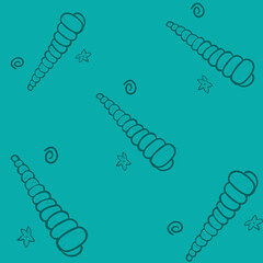  Seamless marine pattern with spiral seashells and starfish on turquoise background, perfect for summer, beach, and ocean-themed designs.