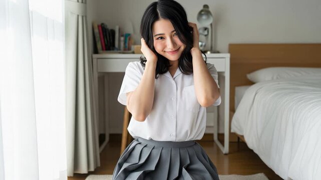 部屋で椅子に座り、髪に手をやりながら微笑む制服の女子高生