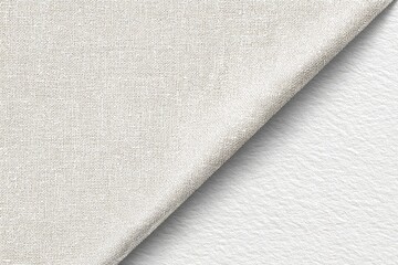 Close-up of off-white linen fabric folded diagonally onto a textured white surface, showcasing texture contrast