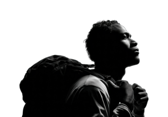 Youth reflecting on dreams urban black and white portrait inspirational mood isolated on transparent background, png