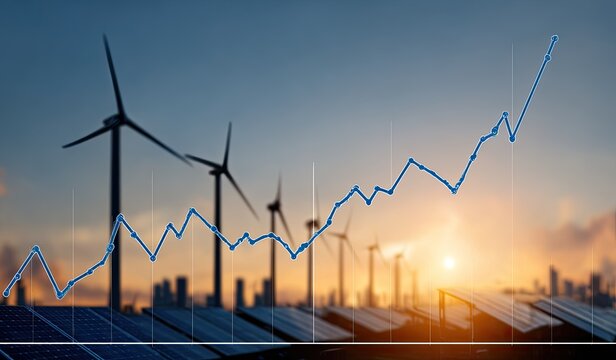 Silhouetted wind turbines and solar panels at sunset, overlaid with a sharply rising blue graph, symbolizing renewable energy growth