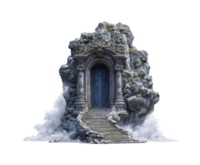 Majestic stone doorway enchanted forest fantasy environment wide angle view isolated on transparent background, png