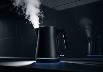 Halloween Product Photography Styling Sleek Black Electric Kettle Steaming