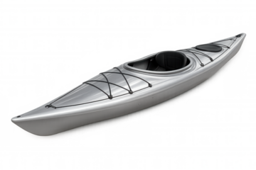 Silver kayak floating against transparent backdrop, symbolizing outdoor adventure, exploration, and recreational water sports