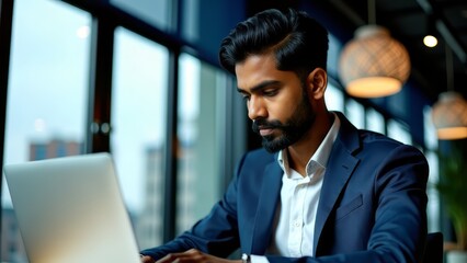 Fototapeta premium Indian businessman working on laptop in modern office
