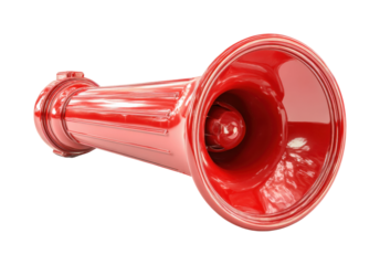 Prominent red megaphone displayed in urban environment for effective communication isolated on transparent background, png
