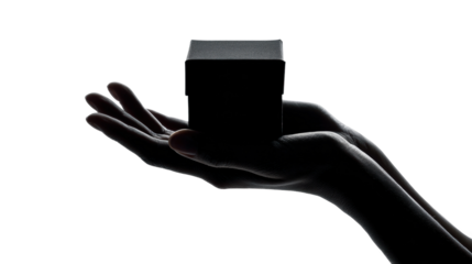 Hand holding a mysterious gift box silhouette minimalist design isolated on transparent background, png