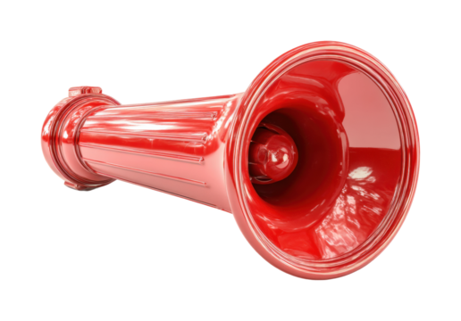 Prominent red megaphone displayed in urban environment for effective communication isolated on transparent background, png