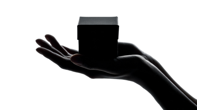 Hand holding a mysterious gift box silhouette minimalist design isolated on transparent background, png