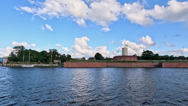 Gdansk Poland river historic fort castle. The Baltic coast of northern Poland. World War II started here with German invasion. Economic international port for import export. Historical.