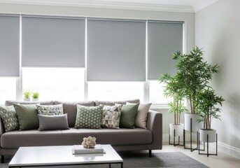 Modern and serene living room interior with a comfortable grey sofa, stylish throw pillows, a white coffee table, and bright isolated with grey roller blinds, complemented by lush indoor plants.