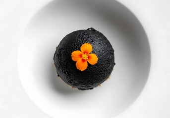 Halloween Product Photography Styling Black Dessert with Orange Flower