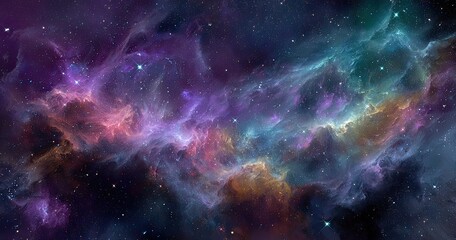 A vibrant nebula swirls across a dark space, showcasing a spectrum of purple, teal, orange, and pink hues, speckled with countless stars