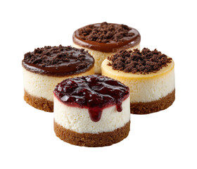 Delicious mini cheesecakes with varied toppings gourmet kitchen food bright lighting isolated on transparent background, png