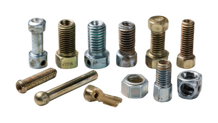 Industrial fasteners collection workshop product metal environment isolated on transparent background, png