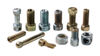 Industrial fasteners collection workshop product metal environment isolated on transparent background, png