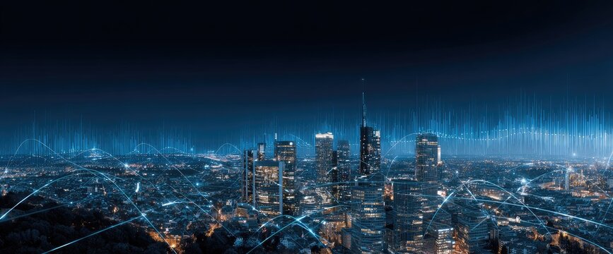 Night cityscape with glowing digital network overlay