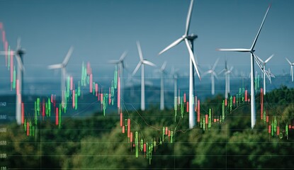 Wind turbines on a hillside with superimposed stock market graph showing fluctuating prices, suggesting investment in renewable energy