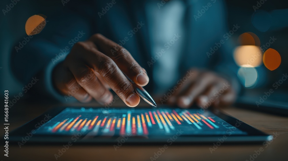 Aufkleber man holds a tablet presenting financial data analysis graphics at night with bokeh effect, for busin