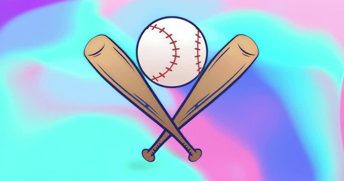 Animating white baseball starting hover above crossed bats, drifting and rotating while looping