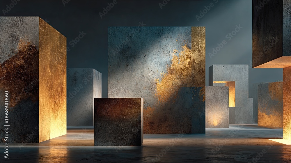Poster interior setting with concrete cube pedestals displaying varied colors and textures with natural lig