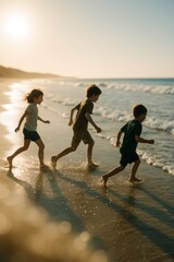 Fototapeta premium Children running along the beach at sunset with ocean waves