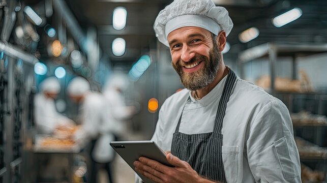 Smiling Chef in Commercial Kitchen Holding Tablet Device, other Professional Cooks Preparing Food in Background, Morning Shift