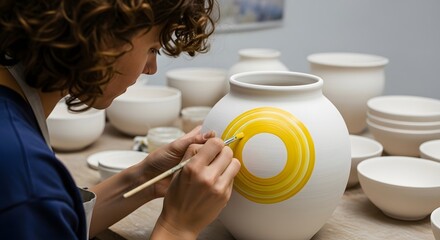 A female artist carefully painting a yellow circular pattern on a large white ceramic vase in her pottery studio.