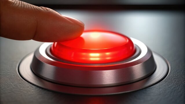 Server room access control, A close-up of a finger poised above a glowing red button, suggesting action or urgency.