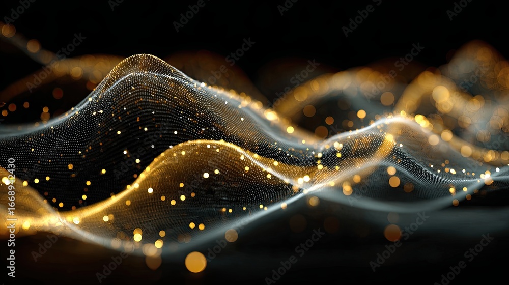 Aufkleber golden particles and wave-like formations flow across a dark abstract landscape generating digital a