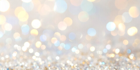 Blurry bokeh lights banner, silver and opalite glitter background, out of focus, iridescent glitter particles shimmering in pastel colors, luminous, translucent, dreamy, unsharp, blur effect