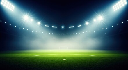 A brightly lit soccer stadium, with powerful spotlights illuminating the green field, creates an exciting and dramatic atmosphere.