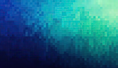 Abstract pixel art showcasing a gradient transition from deep blues to vibrant teals and pale greens, creating a mosaic effect with varying square pixel sizes