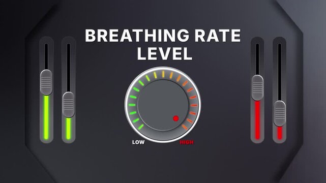 Animation of Breathing Rate level on a circular gauge moving from low to high and back. Can be used to show increase or decrease. Perfect for health, fitness, or data content.