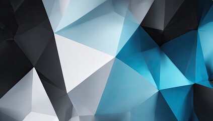 Abstract low-poly background featuring a blend of dark gray, light gray, white, and teal-blue triangular facets with varying shades and depths creating a textured, three-dimensional effect