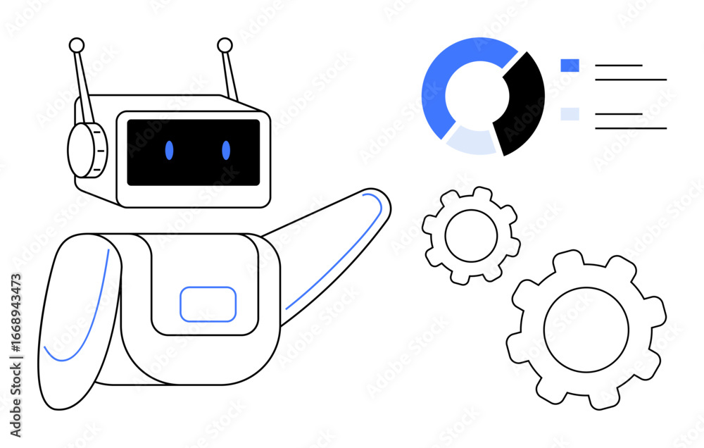 Poster robot gesturing with gears and a data chart. ideal for ai, automation, innovation, technology, robot