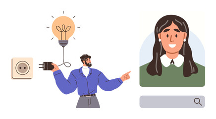 Male figure holding plug near lit bulb while gesturing to a female avatar in profile placeholder and search bar. Ideal for innovation, connection, teamwork, discovery, mentorship, hiring, networking