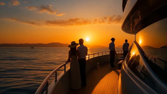 Sunset cruise on a luxury yacht with friends enjoying the view in a serene seaside location