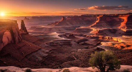 Canyon landscape at sunset with golden light illuminating rock formations