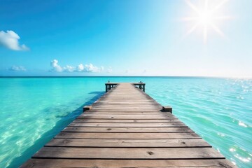 Fototapeta premium Rustic wooden pier extending into calm, blue ocean water under a bright, sunny sky Perfect for travel, vacation, or nautical themed projects , calm, blue sky