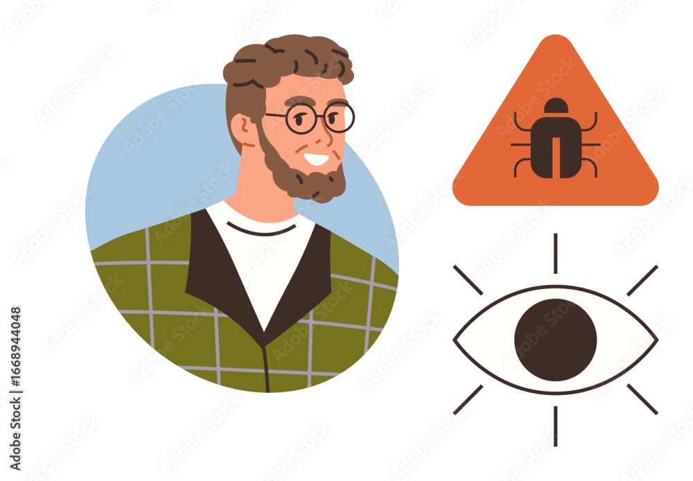 Poster man with glasses and beard smiling, triangular bug warning sign, and eye symbol radiating lines. ide
