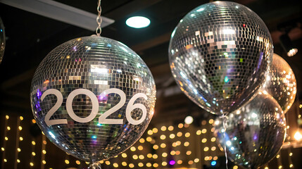 Obraz premium Shiny disco balls with 2026 for a new year celebration
