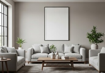 Modern Minimalist Living Room Interior with Light Grey Sofas, Wooden Coffee Table, and a Blank Picture Frame Mockup on Neutral Walls